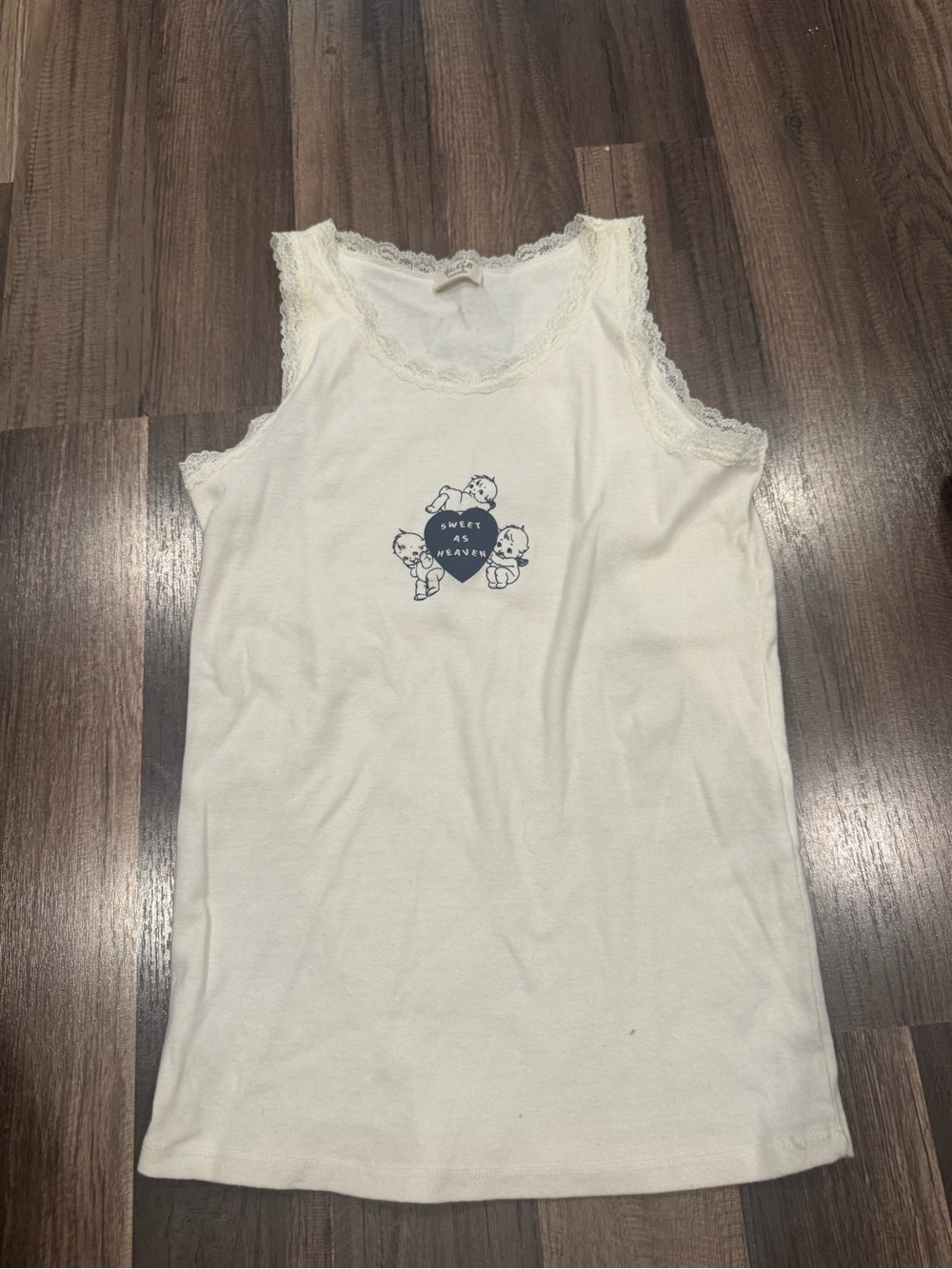 John Galt Lace-Trim Cream Tank Top with Heart Graphic
